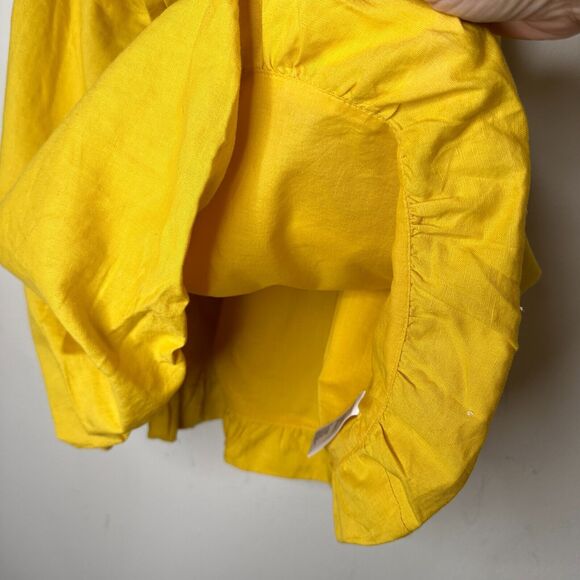 Yellow Linen Sleeveless Blouson Blouse Mini Dress Bead Bow Tie Front S - Picture 5 of 13